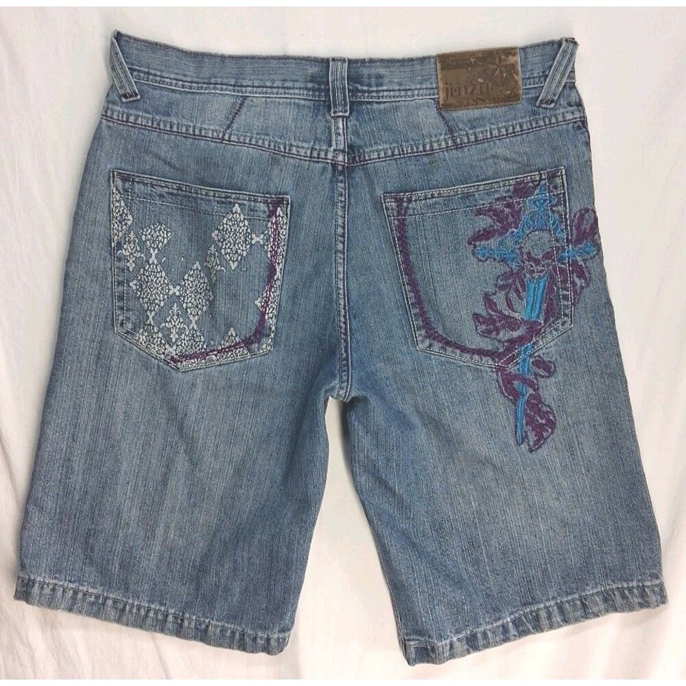Vintage Y2K Jinzu Shorts Denim Baggy Purple Embroidered Skulls Skater Mens 36x14